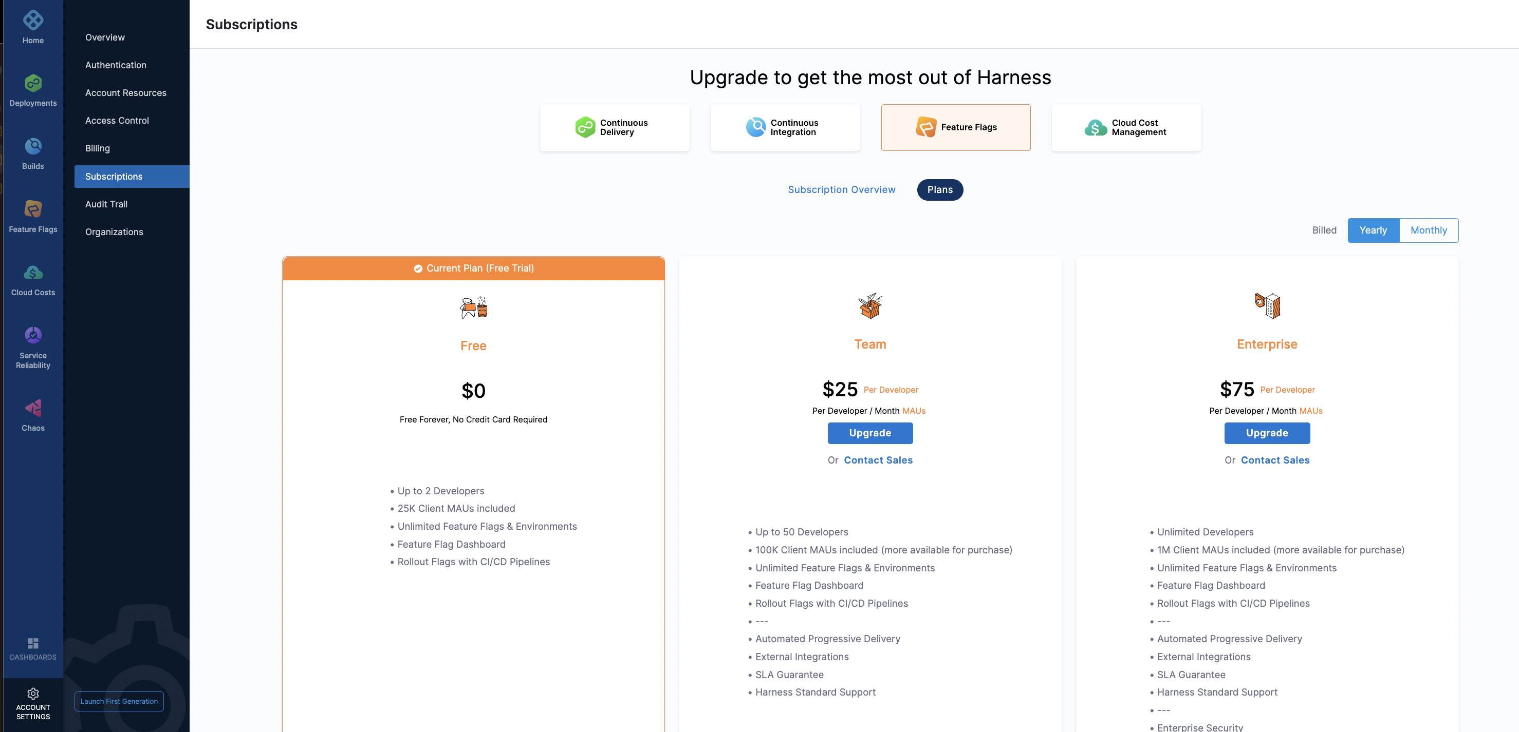 A screenshot of the Plans screen with three panels that review the differences between each plan and an option to upgrade.